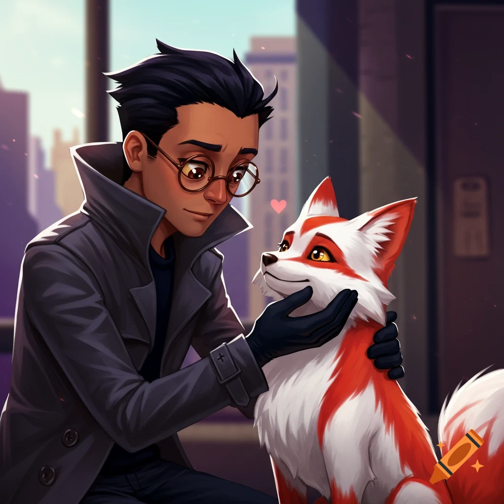 Stylized image of a person with glasses and trench coat petting a red and white fox in a city.