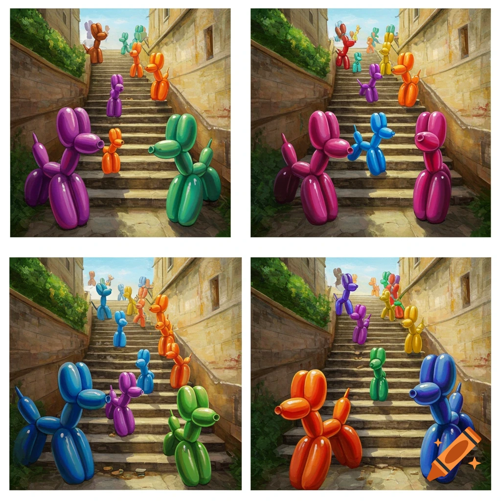 Colorful balloon dogs on stone stairs