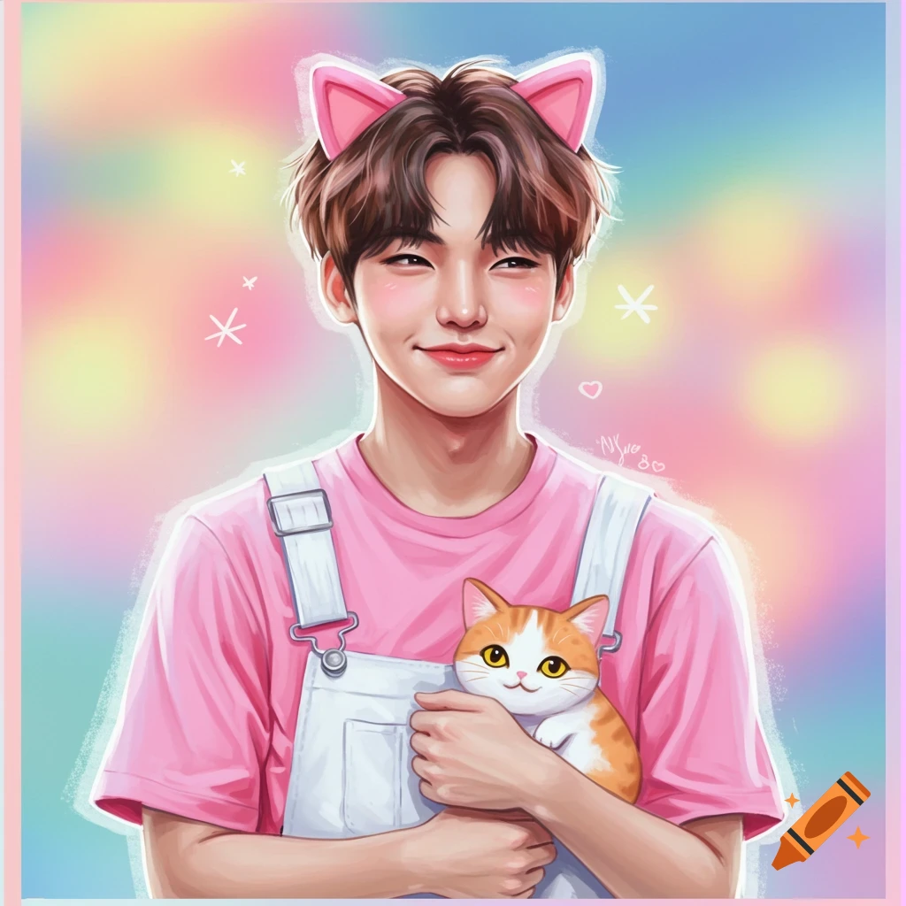 A person with cat ears wearing overalls and a pink shirt, holding an orange cat, against a colorful pastel background.