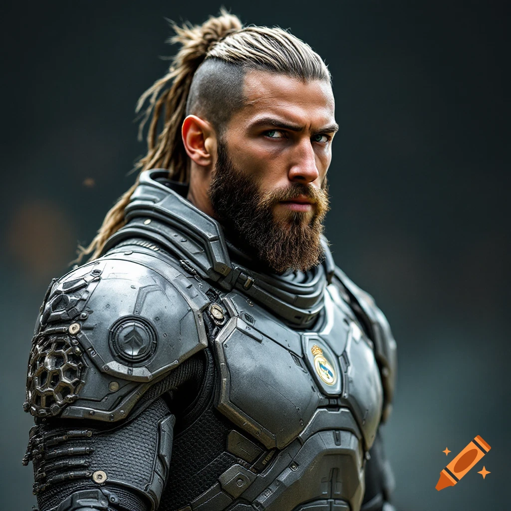 Realistic portrait of a man with beard and dreadlocks wearing futuristic dark gray armor with a crest