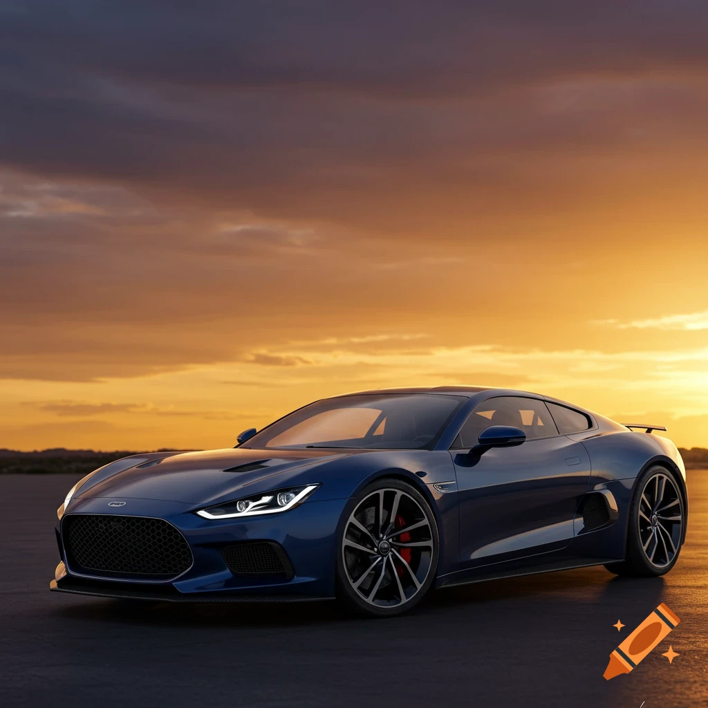 A blue sports car parked on pavement at sunset.