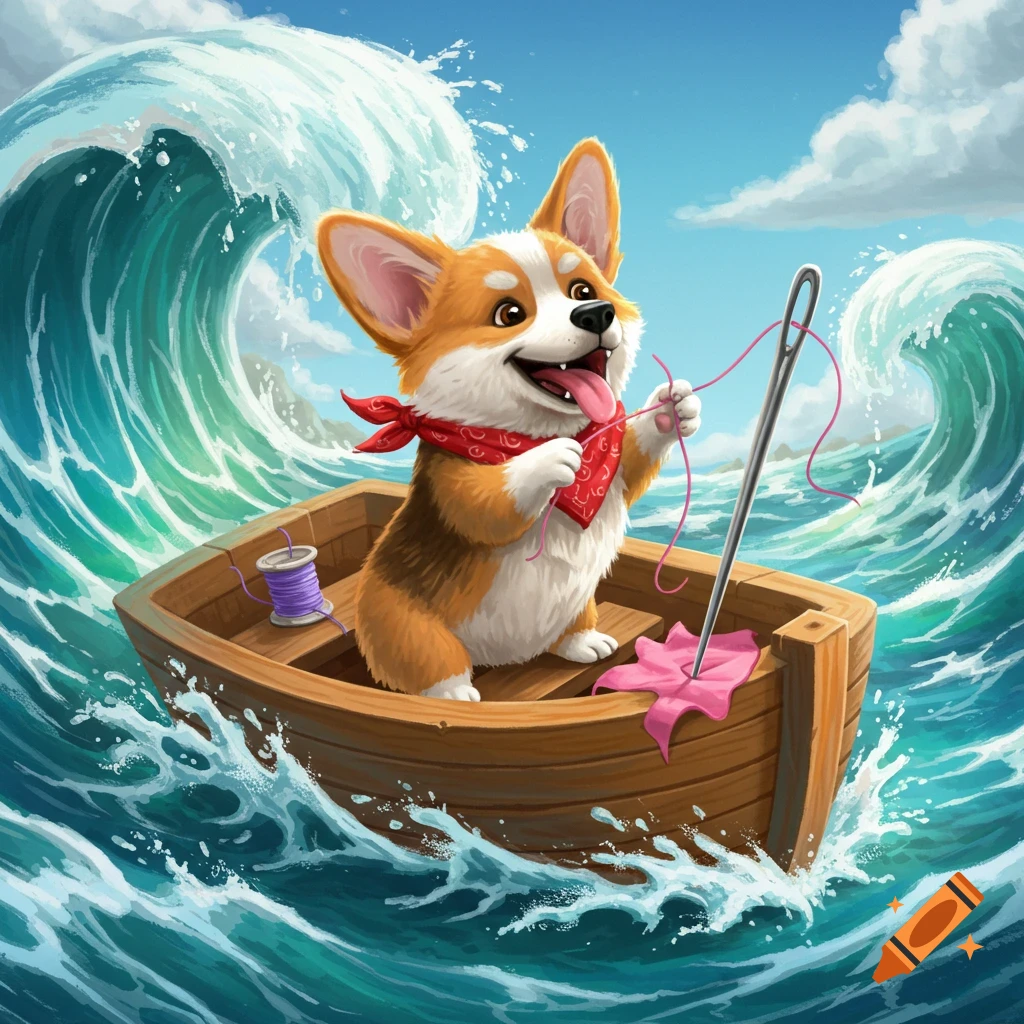 A cartoon corgi dog in a small boat on a wavy ocean tries to thread a large needle.