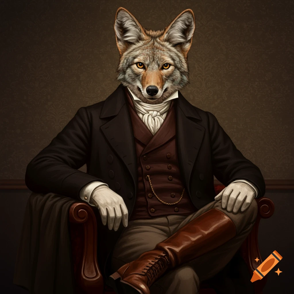 A coyote wearing Victorian clothing and gloves, sitting in a chair.