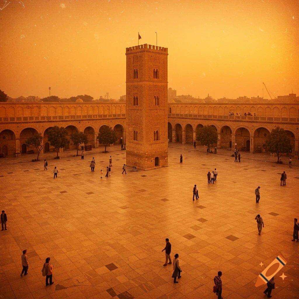 Elevated view of a large courtyard with a central tower, arched buildings, and people, bathed in warm orange light with a textured overlay.