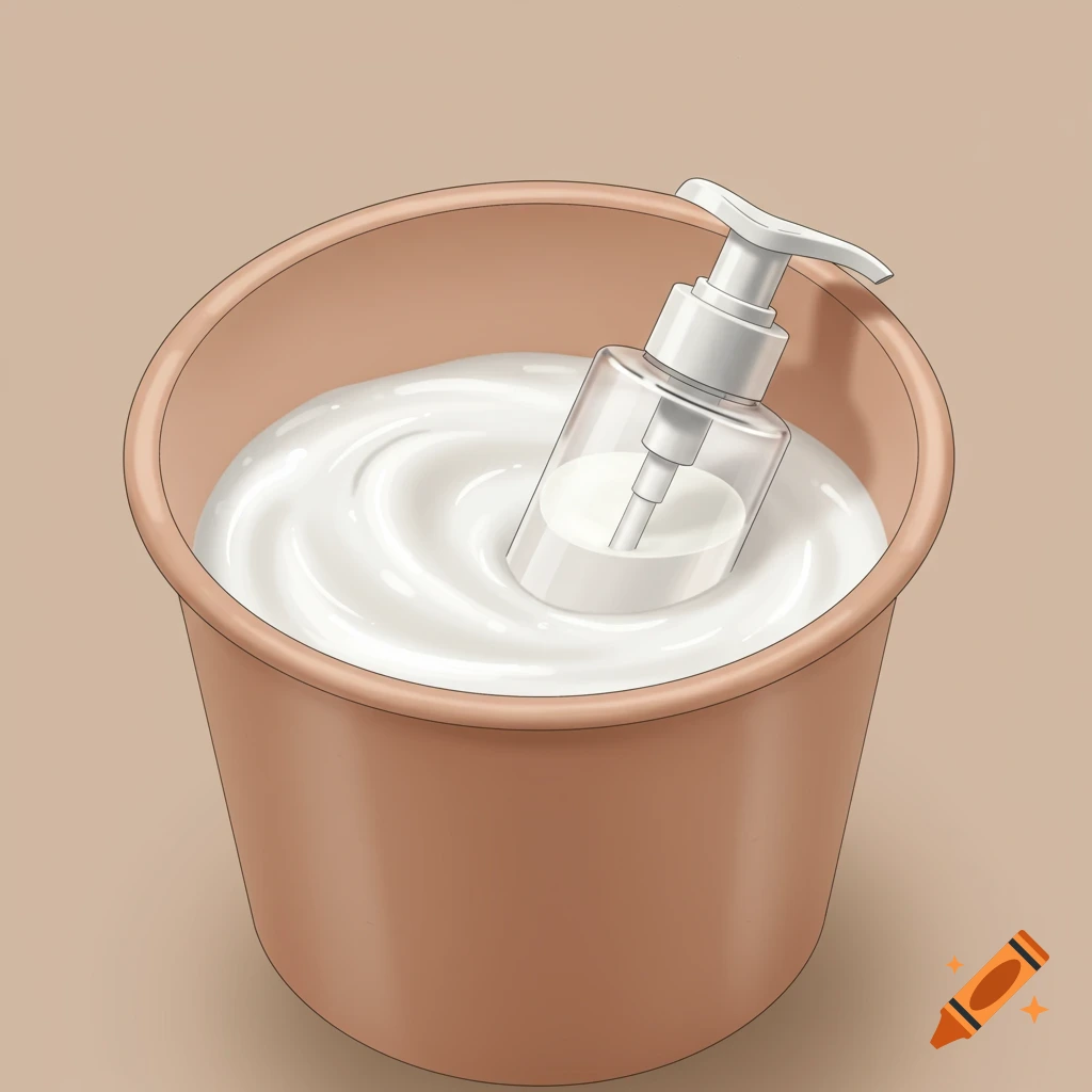 An illustration of a lotion bottle standing in a bucket filled with white lotion.