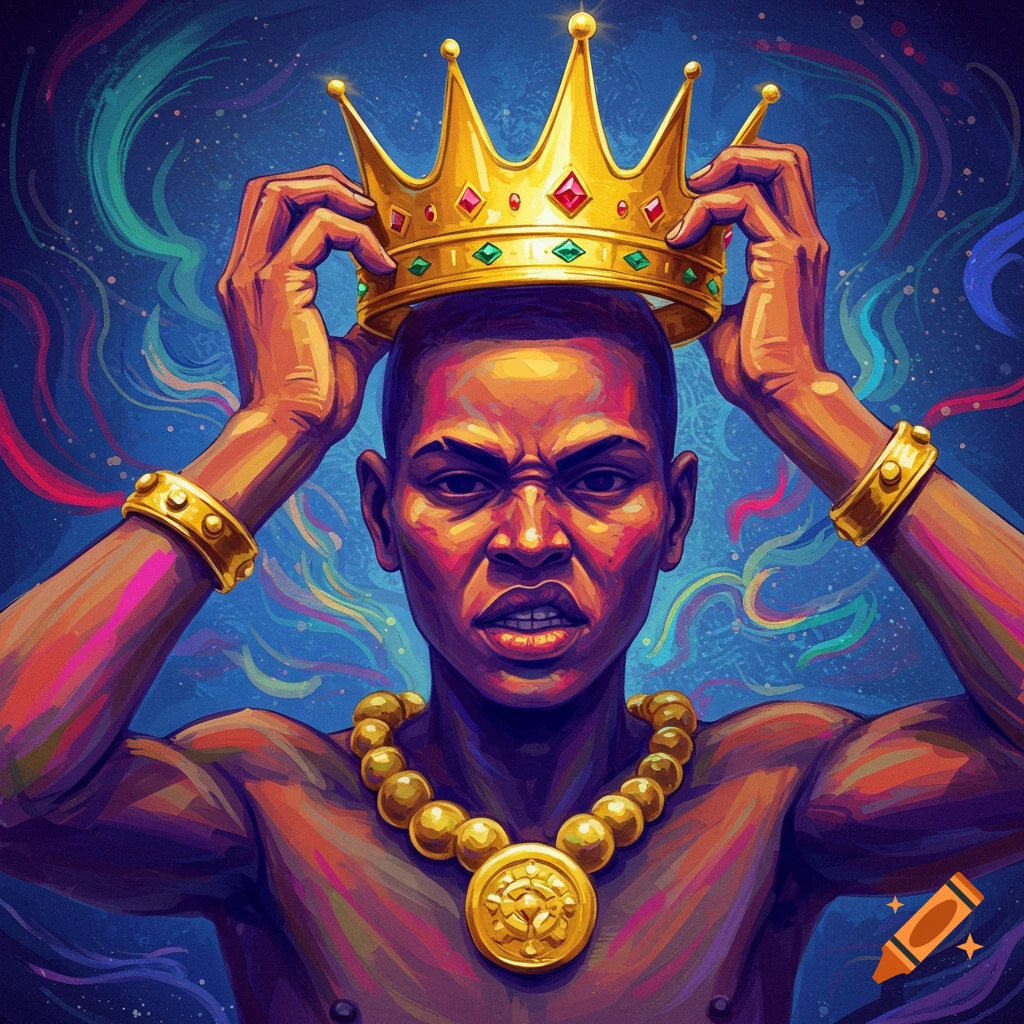 A man with dark skin puts on a golden crown.