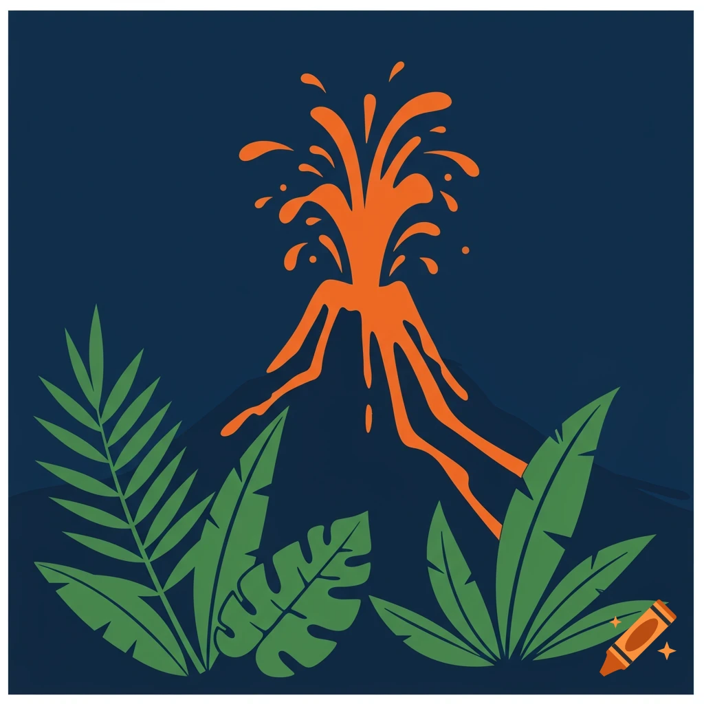 Stylized mid-century modern tiki art of an erupting volcano and tropical plants.