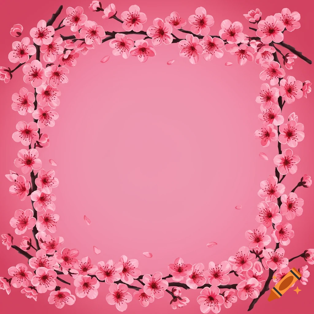 A frame made of pink cherry blossom branches and flowers on a pink background.