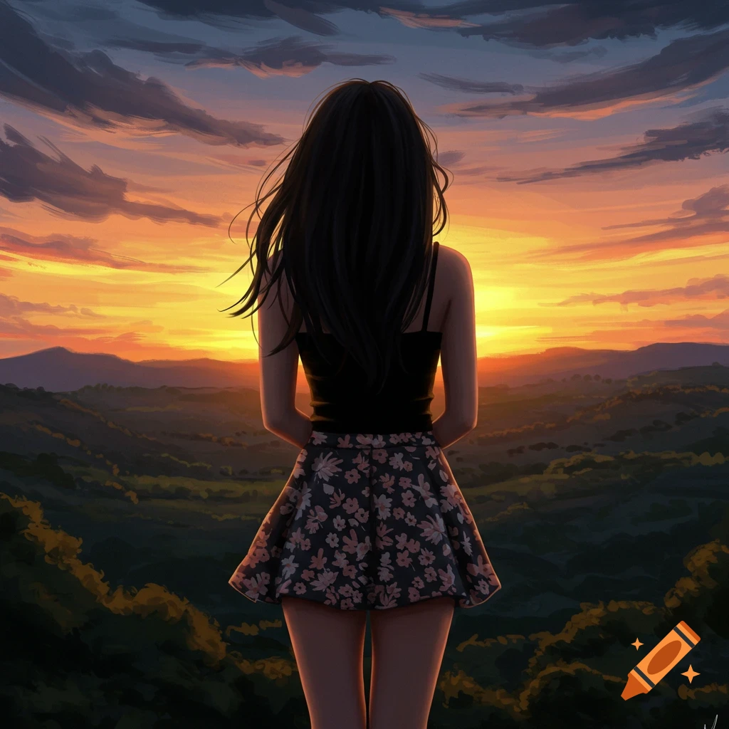 A woman seen from behind looking at a sunset over a landscape