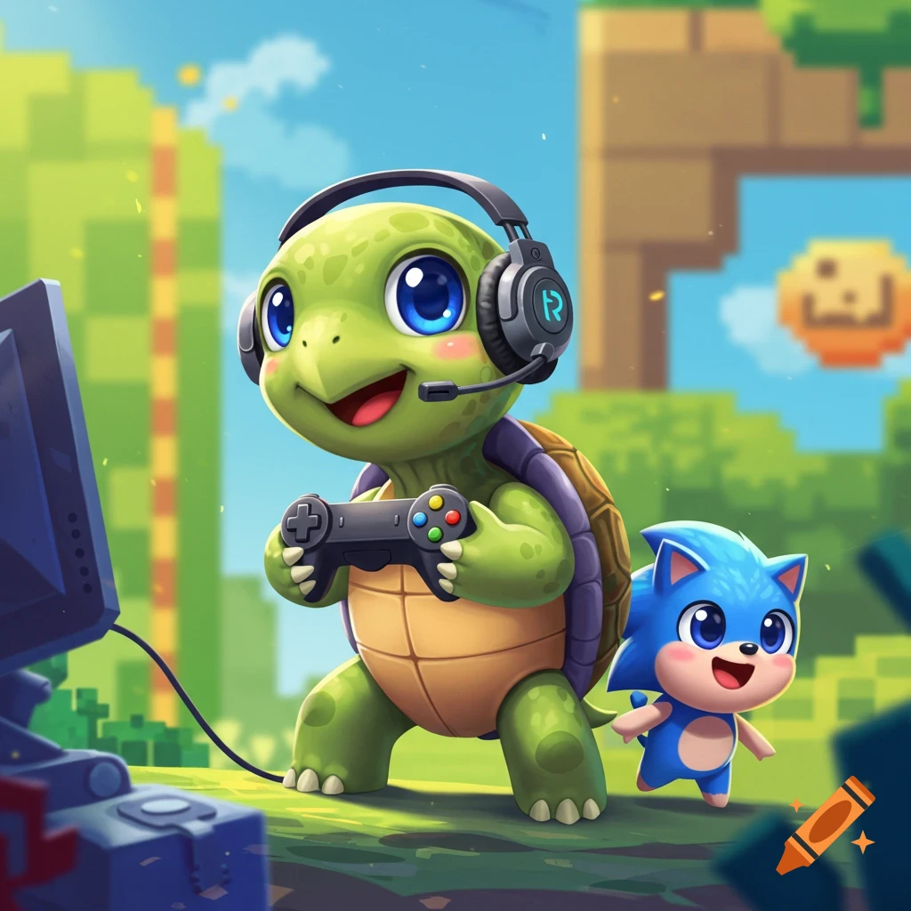 Cute chibi turtle in headphones playing video games with a blue friend in a pixelated world.