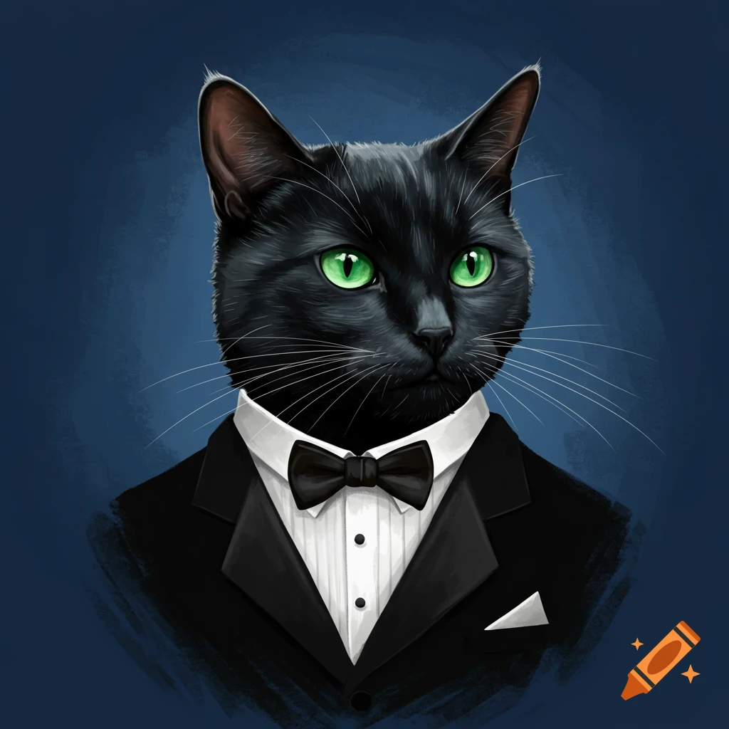 A black cat wearing a tuxedo