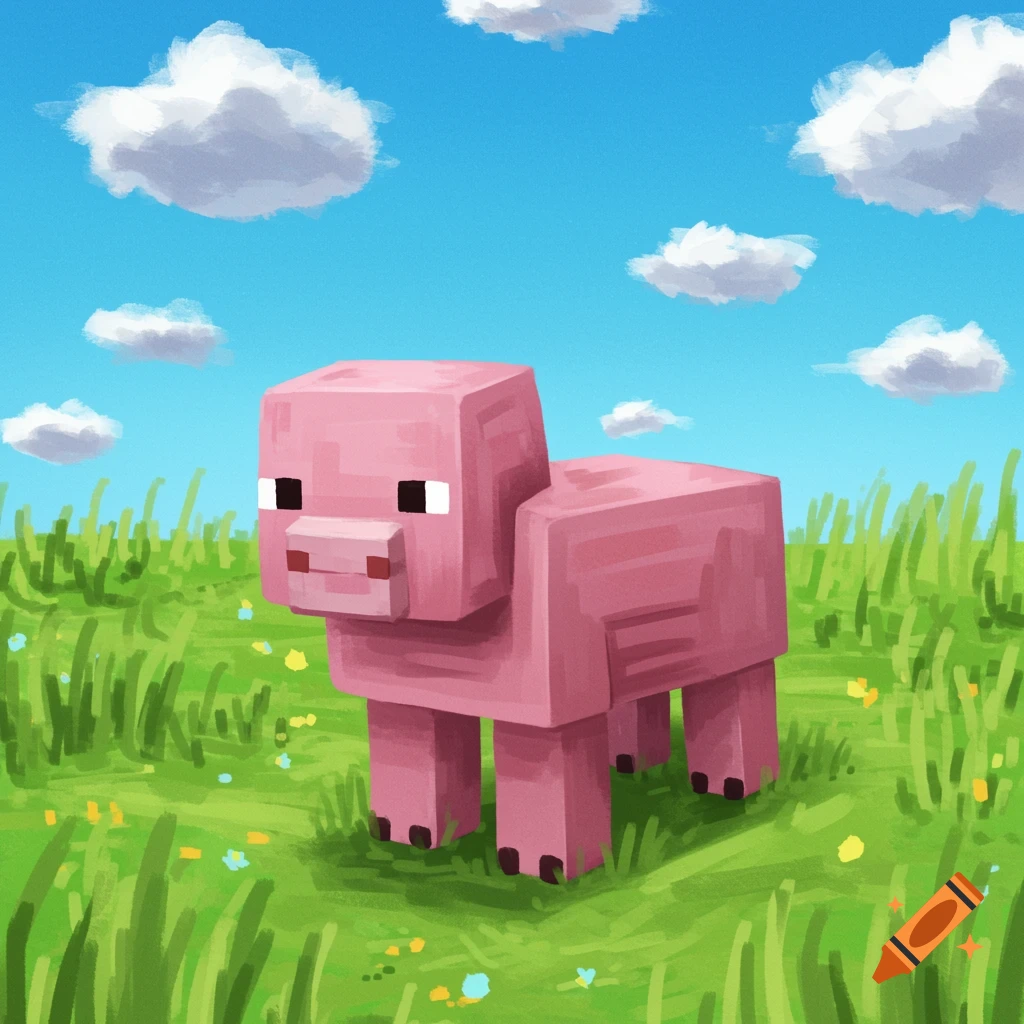 A blocky pink Minecraft pig stands in a green meadow under a blue sky with clouds.