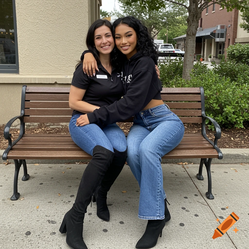 Southeast Asian model in cropped hoodie and jeans with brunette woman ...