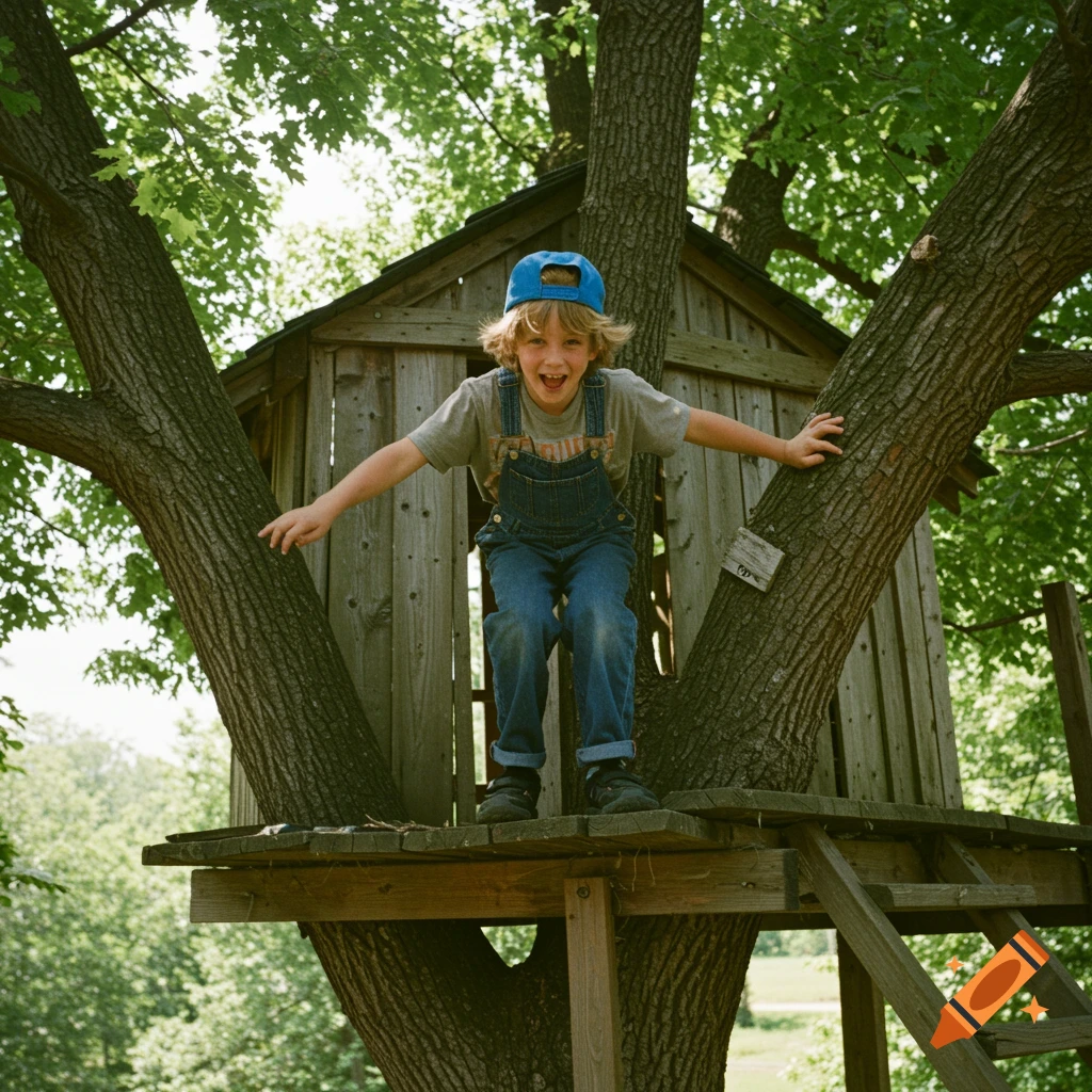 Happy boy in overalls and cap standing on a rustic treehouse platform.