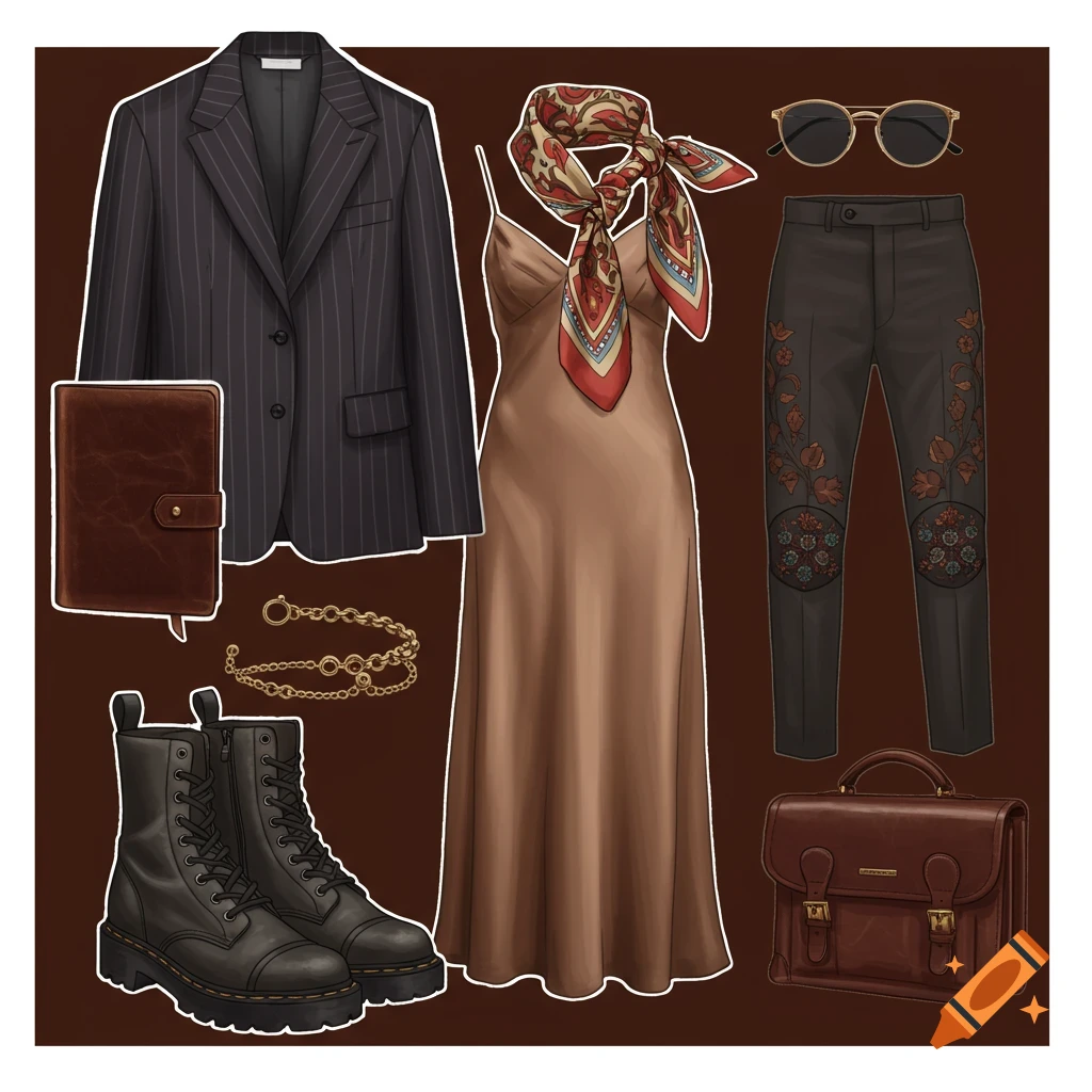 Various fashion items including a blazer, slip dress, boots, bag, and accessories.
