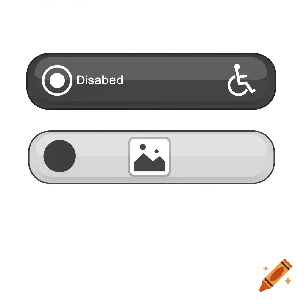 Two gray UI elements or buttons. The top one is dark gray with a circle icon, the word 'Disabed', and a disabled icon. The bottom one is light gray with a dark circle icon and a landscape icon.