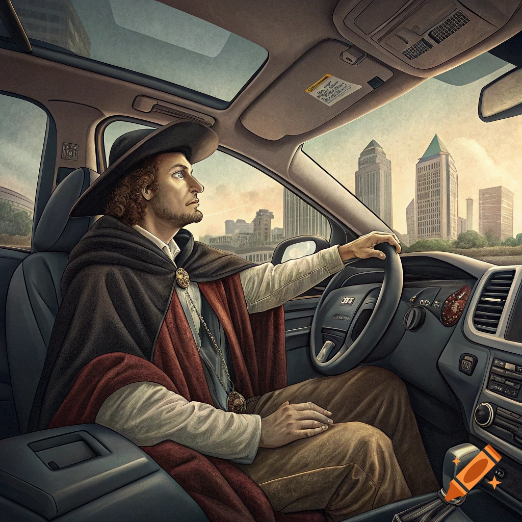 A man in historical attire, including a cape and hat, drives a modern car through a city.