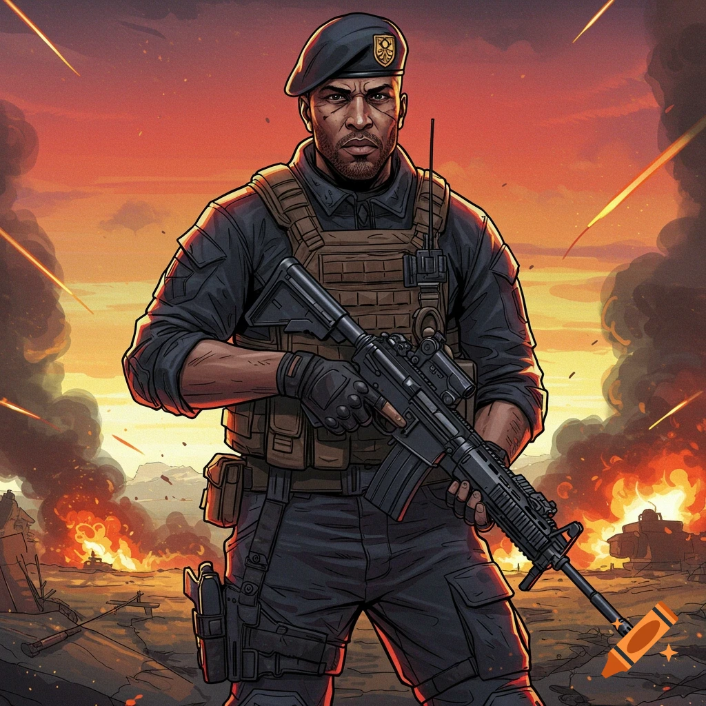 A soldier holding a rifle in a fiery combat zone at sunset.