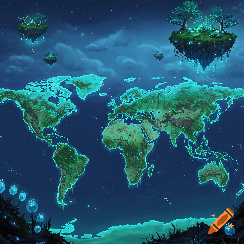 A fantasy world map with glowing continents, floating islands with lush trees, and bioluminescent plants.