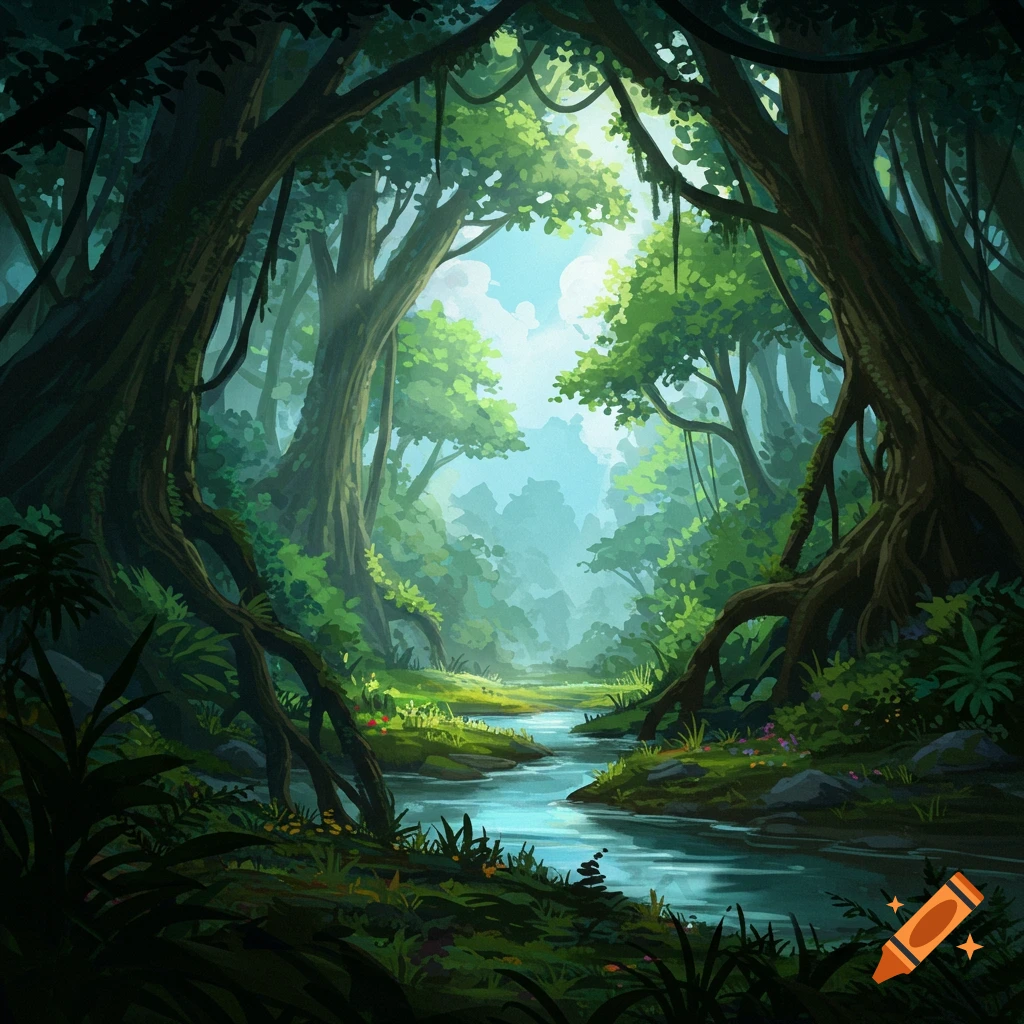 A sunlit jungle with a river flowing through lush trees and plants.