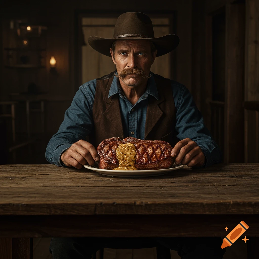 A photorealistic image of a cowboy sitting at a table with a steak.