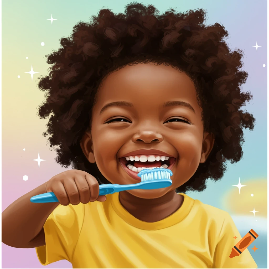 Cartoon illustration of a joyful child brushing their teeth with a blue toothbrush.