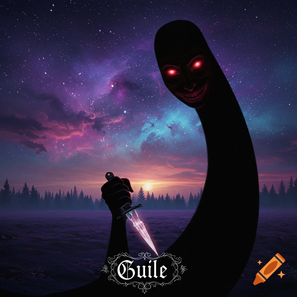 Spooky black creature with glowing red eyes holds a glowing dagger in a field under a starry, colorful night sky. Text reads 'Guile'.