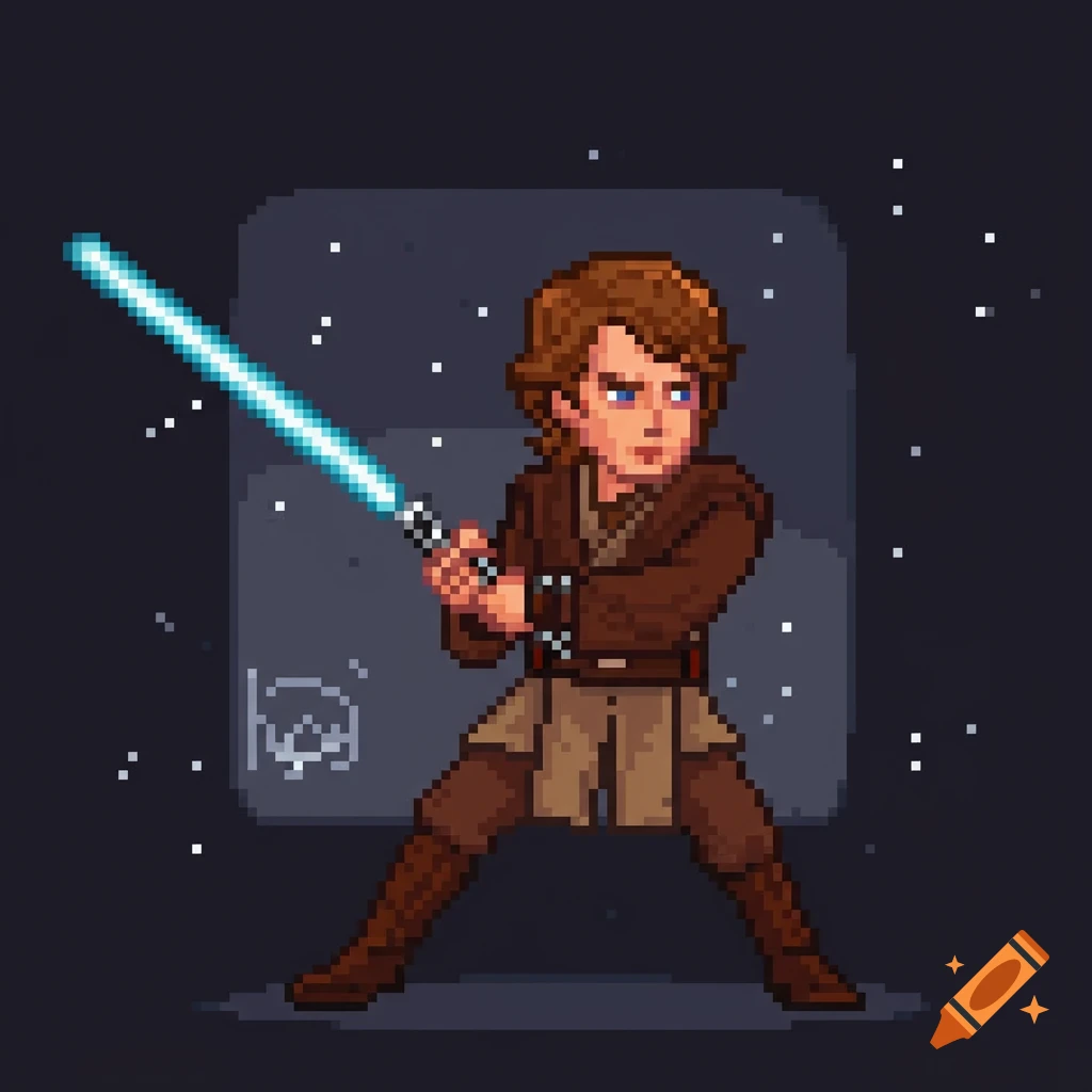 Pixel art of Anakin Skywalker with a blue lightsaber