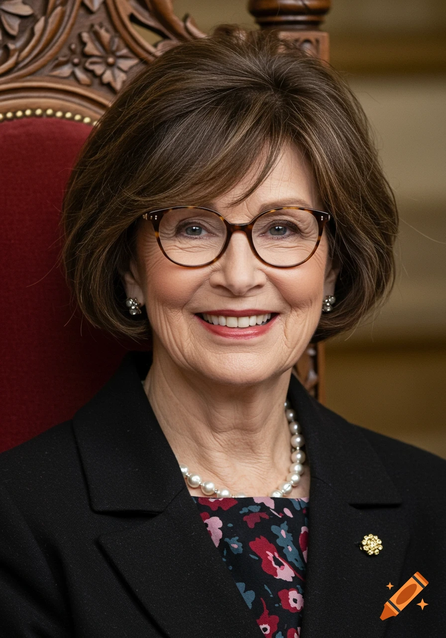 A woman in glasses and a pearl necklace smiles while sitting in a chair.