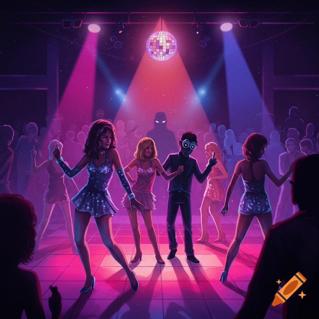 People dancing in a disco with a shadowy figure lurking in the background.