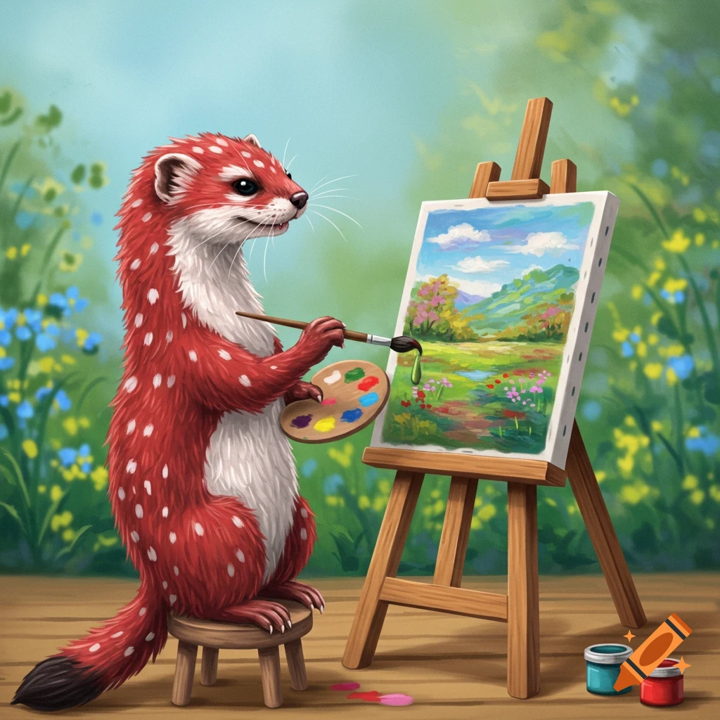 A spotted animal painting a landscape on an easel outdoors