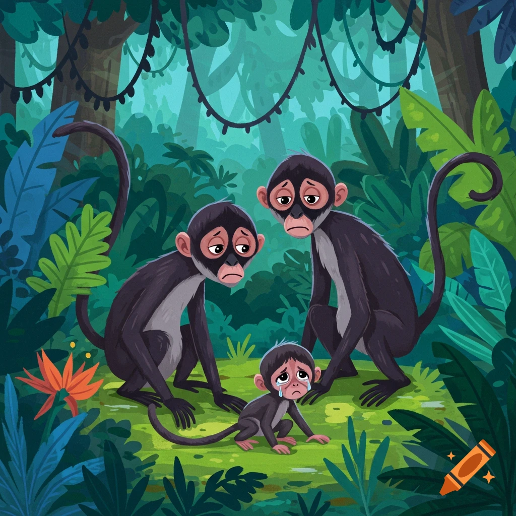 Cartoon illustration of sad monkeys in a jungle with a crying baby monkey