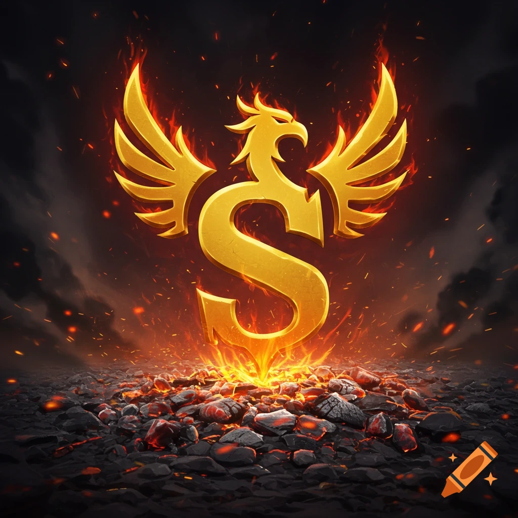A golden S symbol with phoenix wings rises from burning coals amidst fire and smoke.