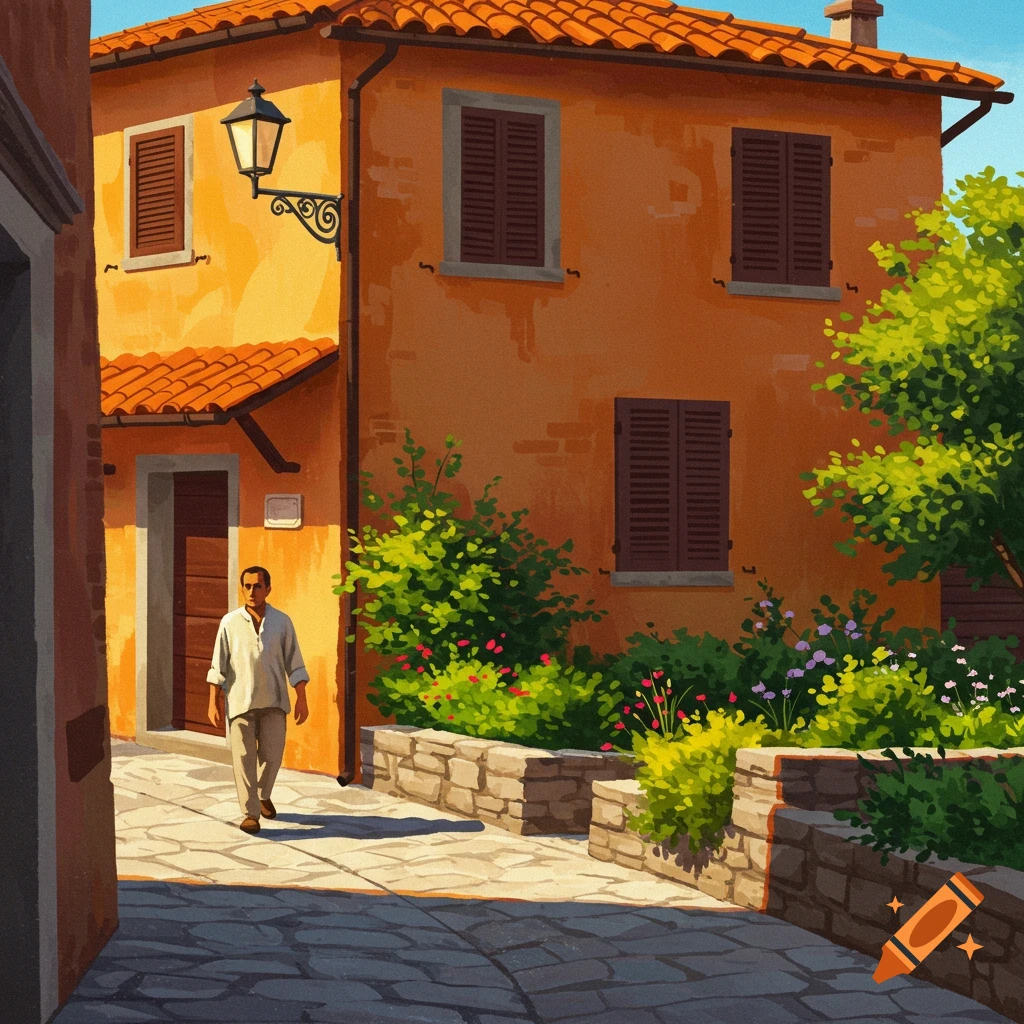 A man walking on a stone street next to a yellow house with a red tile roof and garden.