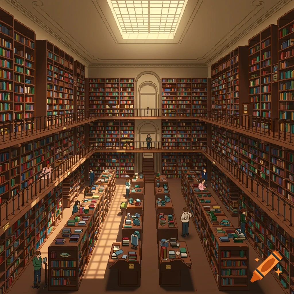 Pixel art interior of a large university library with tall bookshelves and people reading at desks.