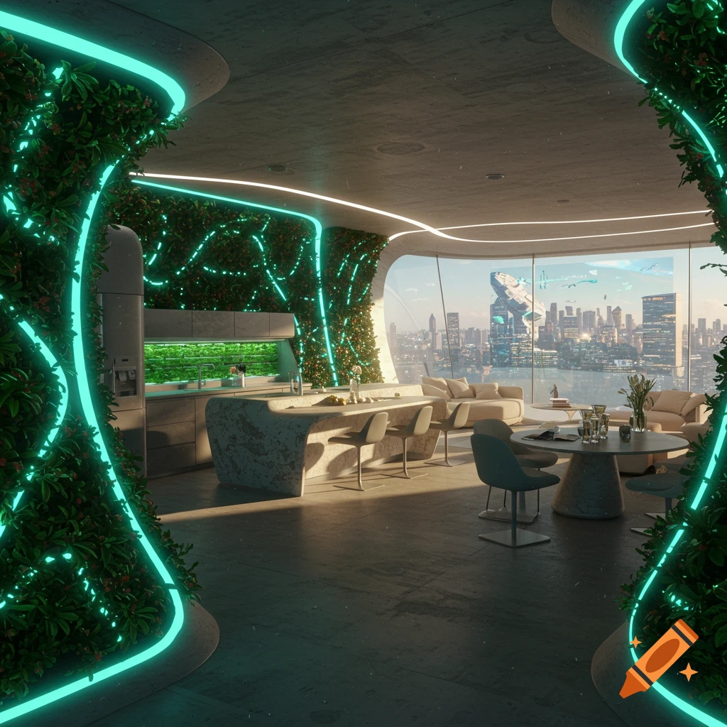 A futuristic apartment interior with walls covered in glowing green plants and a view of a city skyline.