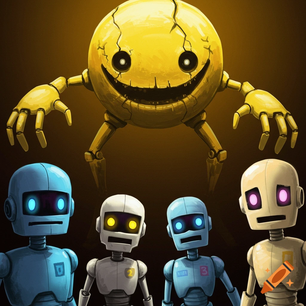 A creepy yellow monster floats above four smaller robots in a dark scene.
