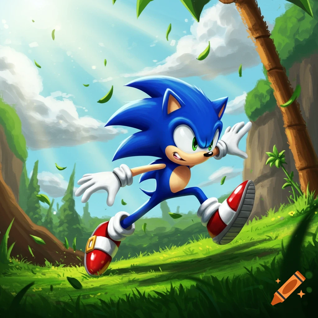 Sonic the Hedgehog running through a grassy hill