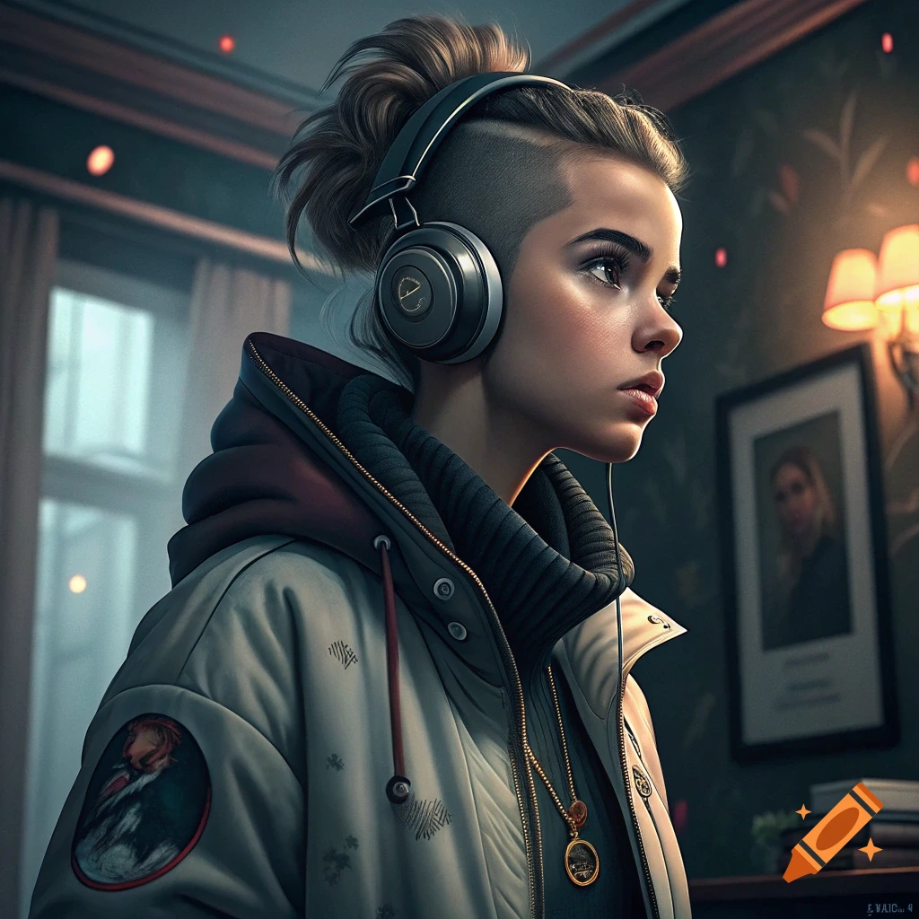 Digital art portrait of a young woman with headphones and an undercut hairstyle wearing a jacket.