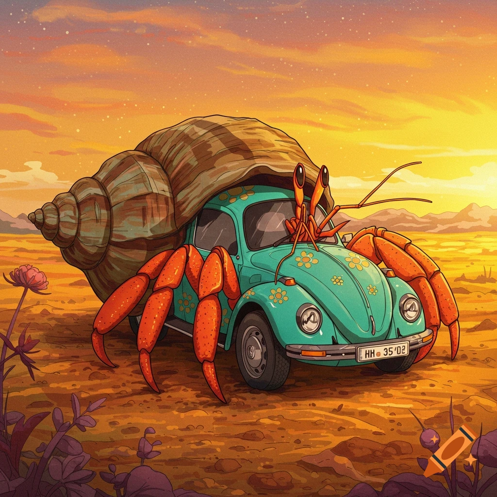 Giant hermit crab in a teal Volkswagen Beetle shell in a sandy landscape at sunset.