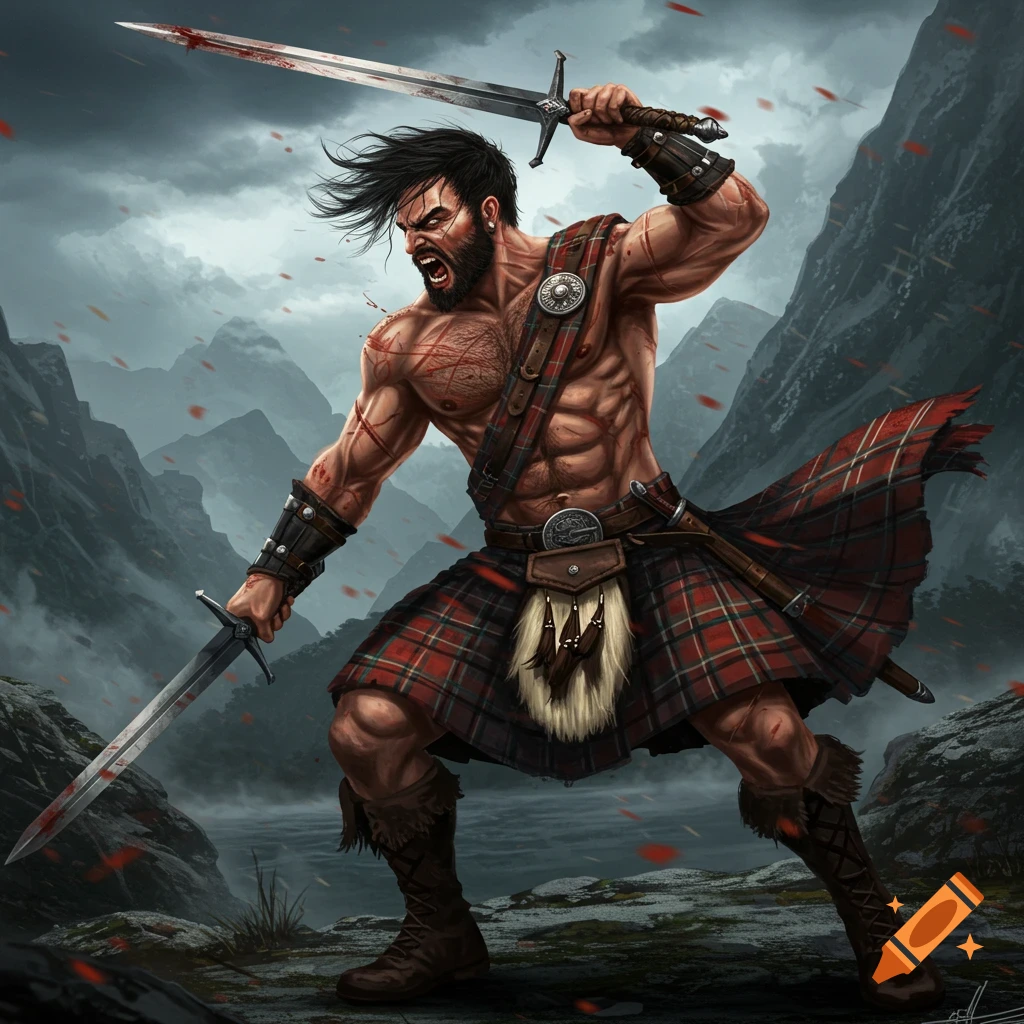 A muscular warrior in a kilt holds two bloody swords in a mountain landscape.