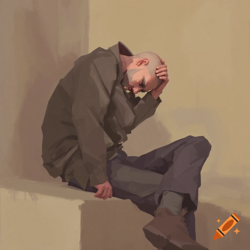 A seated figure holding their head in their hands, depicting distress.
