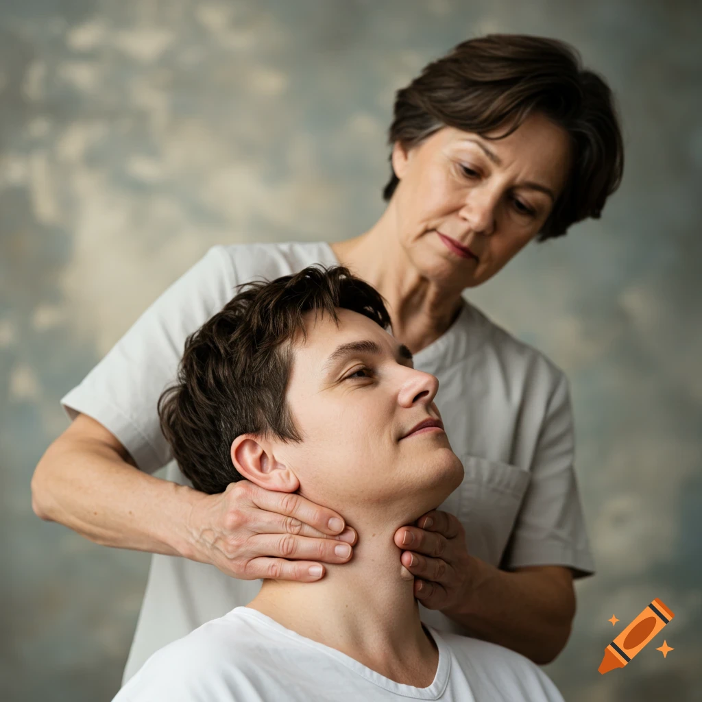 Older person gives a neck massage to a younger person.
