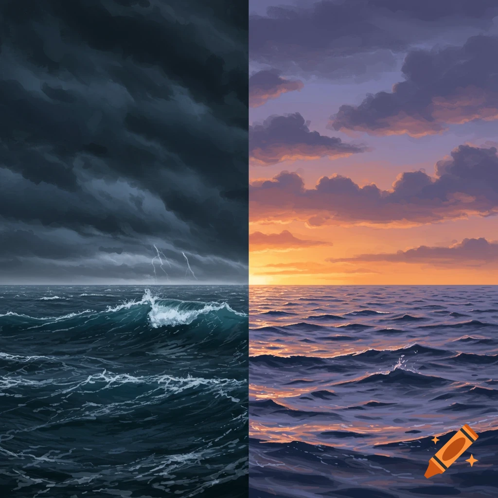 A stormy ocean on the left and a calm ocean at sunset on the right.