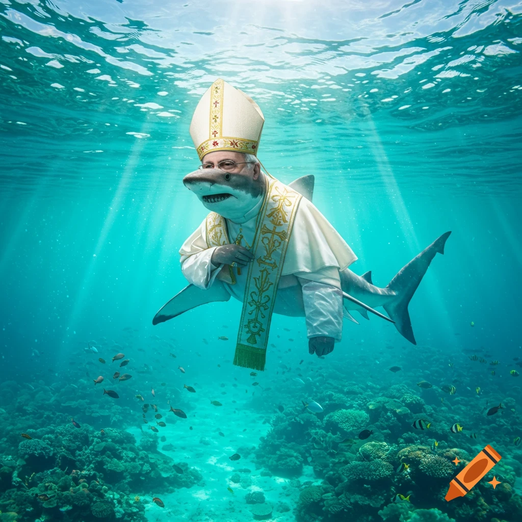 A surreal image of a pope's head on a shark's body swimming underwater with coral and fish.