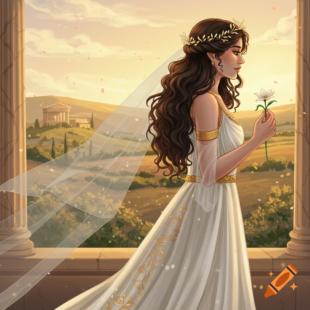 a woman in a Greek wedding dress holding a flower, on a balcony overlooking a landscape with an ancient temple.