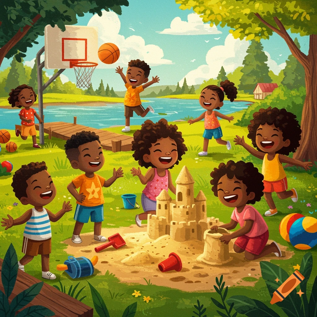 Black children playing basketball and building a sandcastle at summer camp by a lake.