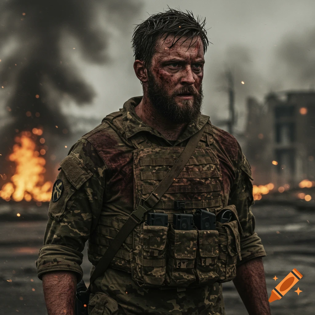 Injured soldier in tactical gear stands in a fiery, destroyed landscape.