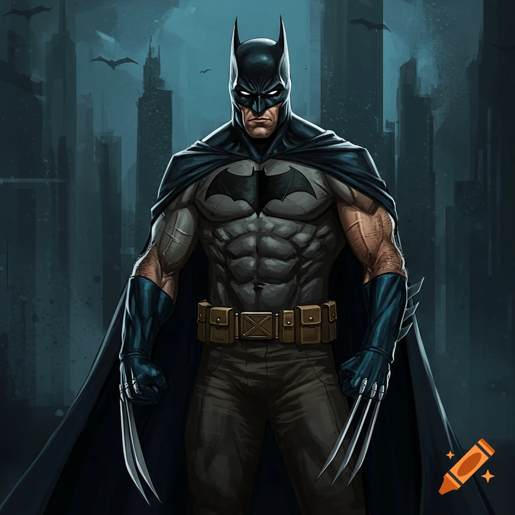 Batman wearing Wolverine's claws against a city skyline.