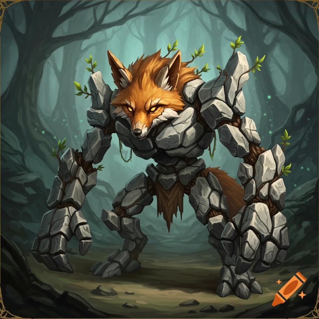 A golem fox hybrid creature in a misty forest.